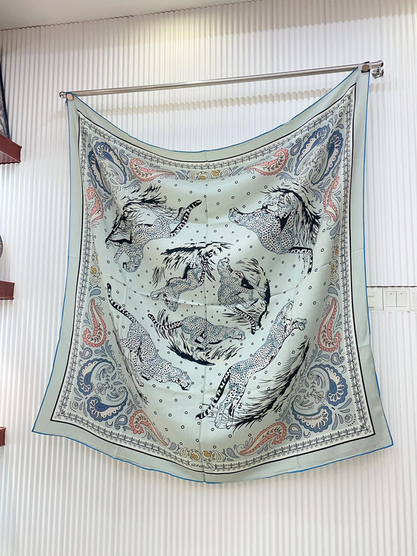 Guepards Bandana Double Face Scarf 140 CM In Light Turquoise Colorful Cashmere And Silk 334191