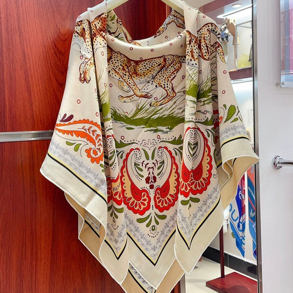 Guepards Bandana Double Face Scarf 140 CM In White Mix Beige Colorful Cashmere And Silk 334192