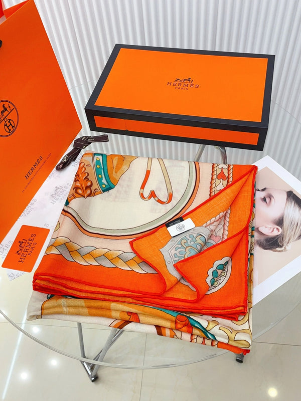 Carré Harnais De Cœur Scarf 140 CM In Orange Colorful Cashmere And Silk 335856