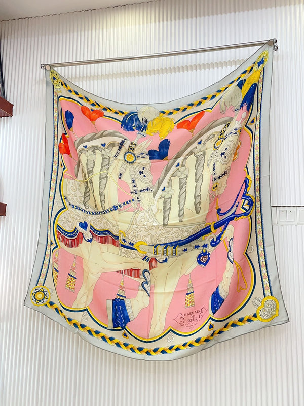 Carré Harnais De Cœur Scarf 140 CM In Pink Colorful Cashmere And Silk 335857