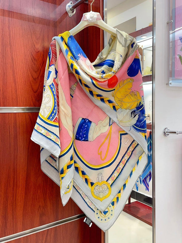 Carré Harnais De Cœur Scarf 140 CM In Pink Colorful Cashmere And Silk 335857