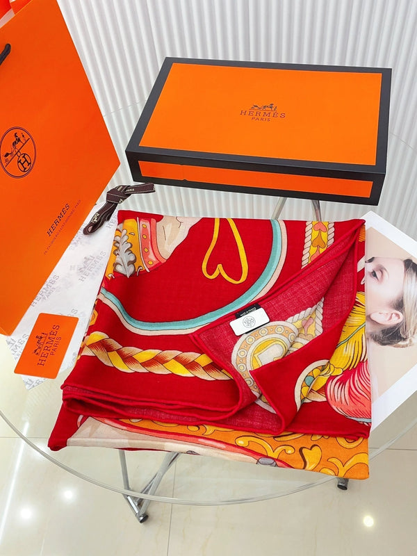 Carré Harnais De Cœur Scarf 140 CM In Red Colorful Cashmere And Silk 335858