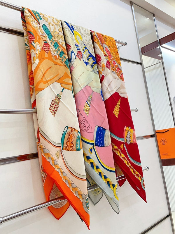 Carré Harnais De Cœur Scarf 140 CM In Red Colorful Cashmere And Silk 335858