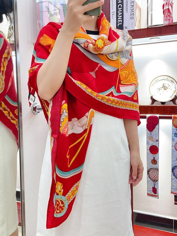 Carré Harnais De Cœur Scarf 140 CM In Red Colorful Cashmere And Silk 335858