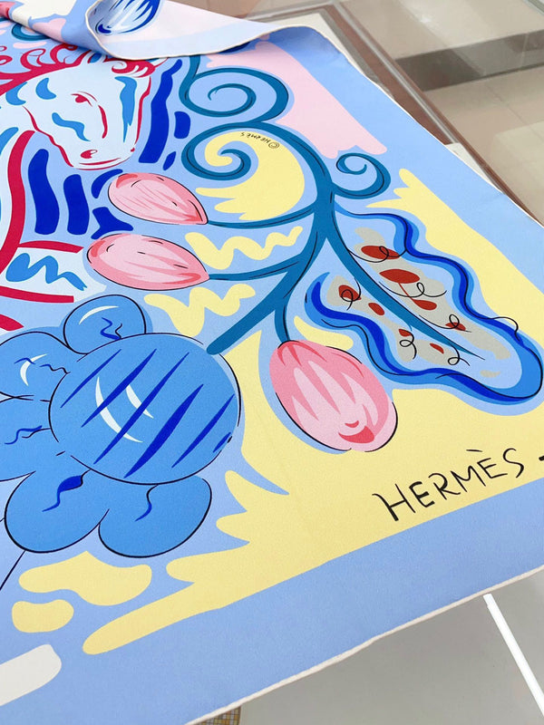 Le Cheval De Kazumi Scarf 90 CM Blue Colorful Silk Twill 347387