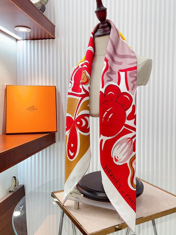 Le Cheval De Kazumi Scarf 90 CM Red Colorful Silk Twill 347388