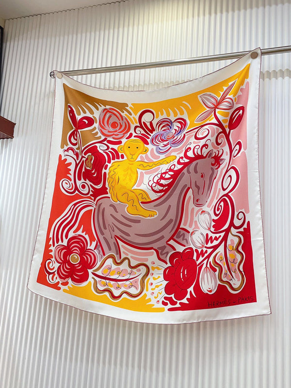 Le Cheval De Kazumi Scarf 90 CM Red Colorful Silk Twill 347388