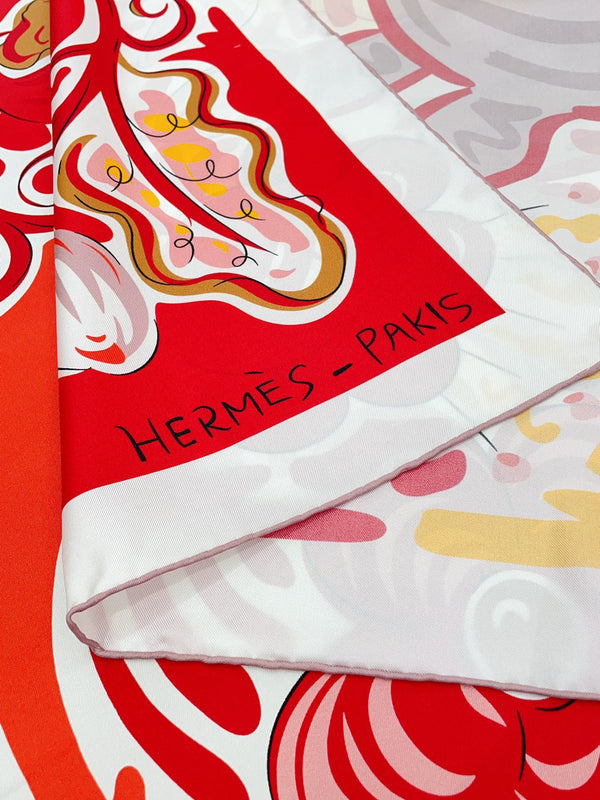 Le Cheval De Kazumi Scarf 90 CM Red Colorful Silk Twill 347388