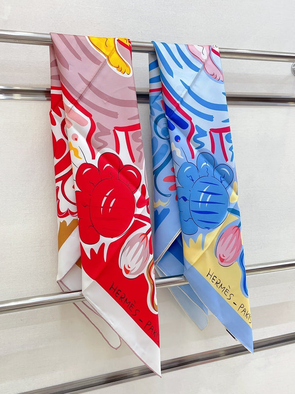 Le Cheval De Kazumi Scarf 90 CM Red Colorful Silk Twill 347388