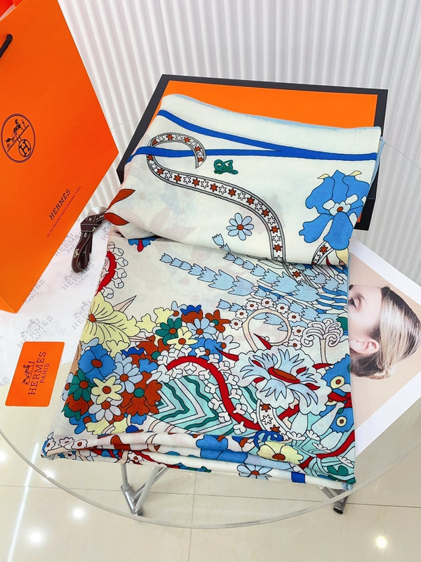 La Danse Du Printemps Scarf 140 In Light Blue Colorful Cashmere And Silk 344364