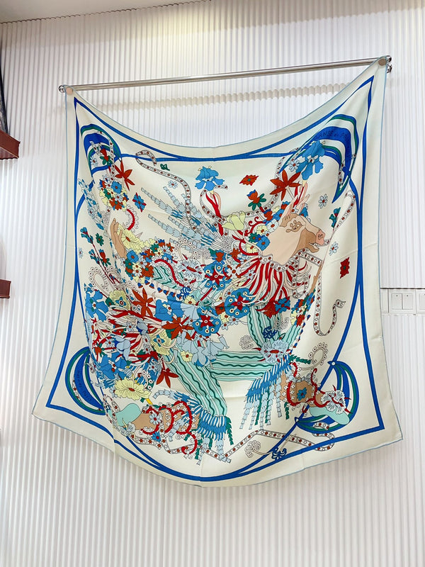 La Danse Du Printemps Scarf 140 In Light Blue Colorful Cashmere And Silk 344364