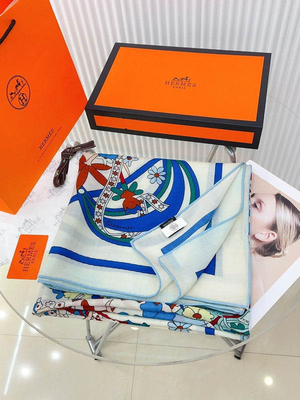 La Danse Du Printemps Scarf 140 In Light Blue Colorful Cashmere And Silk 344364