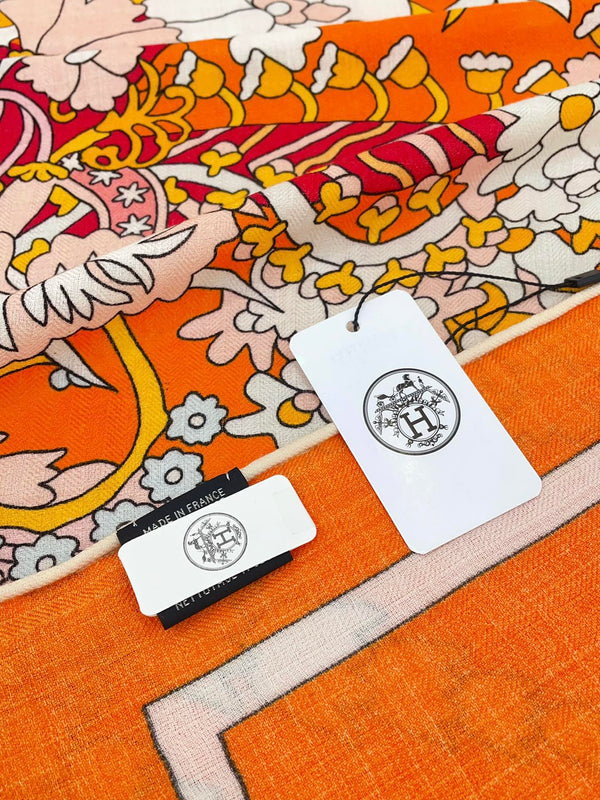 La Danse Du Printemps Scarf 140 In Orange Colorful Cashmere And Silk 344365