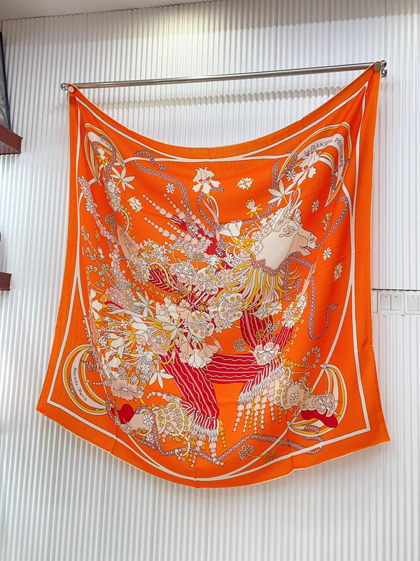 La Danse Du Printemps Scarf 140 In Orange Colorful Cashmere And Silk 344365