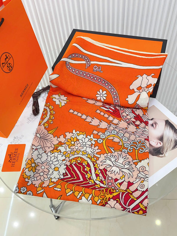 La Danse Du Printemps Scarf 140 In Orange Colorful Cashmere And Silk 344365