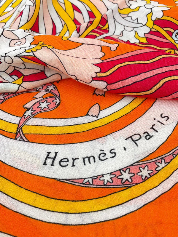 La Danse Du Printemps Scarf 140 In Orange Colorful Cashmere And Silk 344365