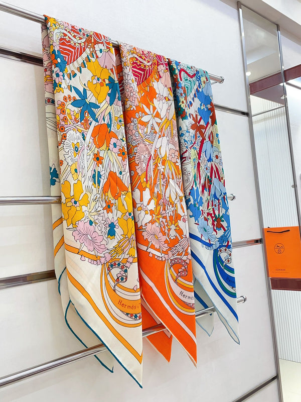 La Danse Du Printemps Scarf 140 In Yellow Colorful Cashmere And Silk 344366