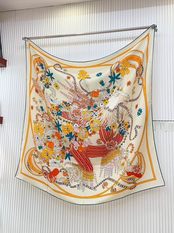 La Danse Du Printemps Scarf 140 In Yellow Colorful Cashmere And Silk 344366