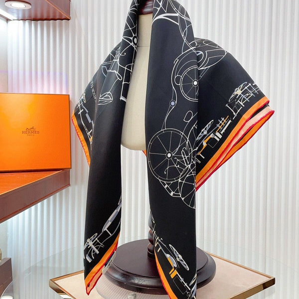 Complication Equestre Scarf 90 CM In Black Mix White Orange Silk Twill 345896