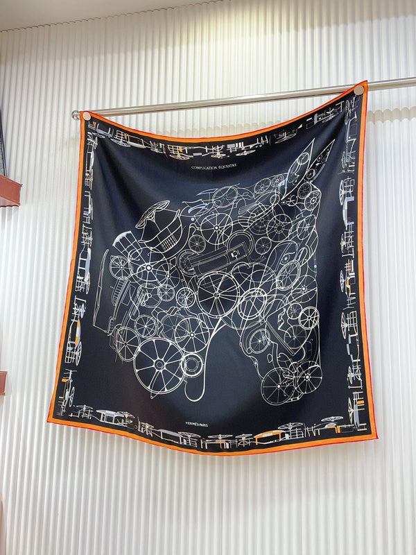 Complication Equestre Scarf 90 CM In Black Mix White Orange Silk Twill 345896