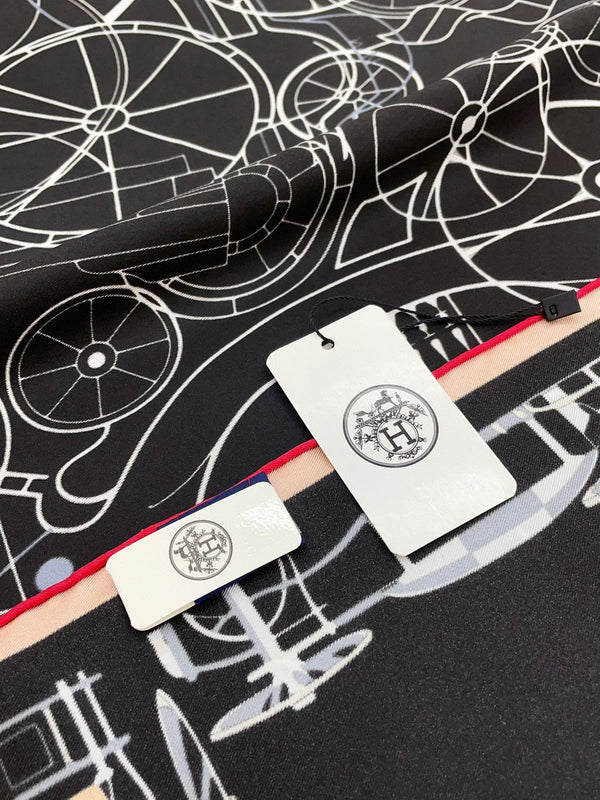 Complication Equestre Scarf 90 CM In Black Mix White Orange Silk Twill 345896