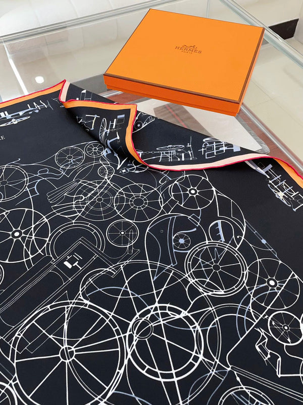 Complication Equestre Scarf 90 CM In Black Mix White Orange Silk Twill 345896