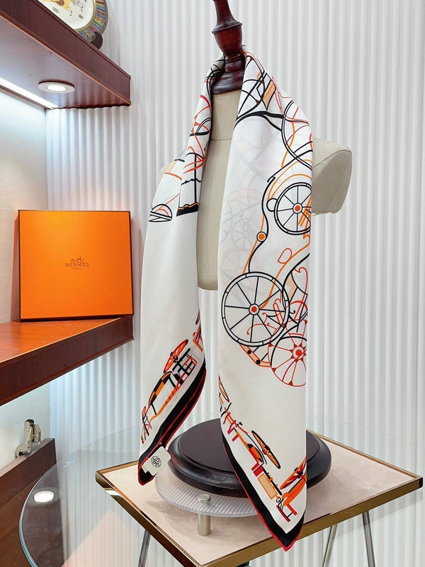 Complication Equestre Scarf 90 CM In White Orange Coloful Silk Twill 345897