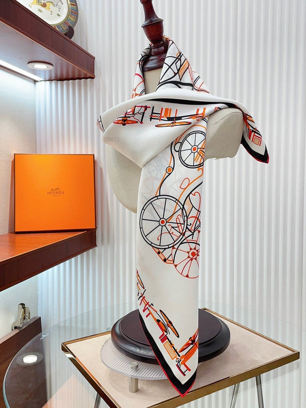 Complication Equestre Scarf 90 CM In White Orange Coloful Silk Twill 345897