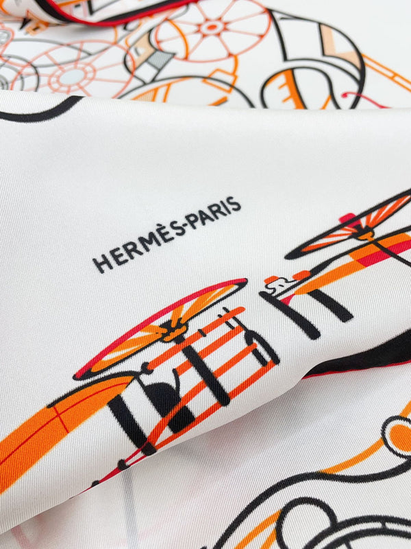 Complication Equestre Scarf 90 CM In White Orange Coloful Silk Twill 345897