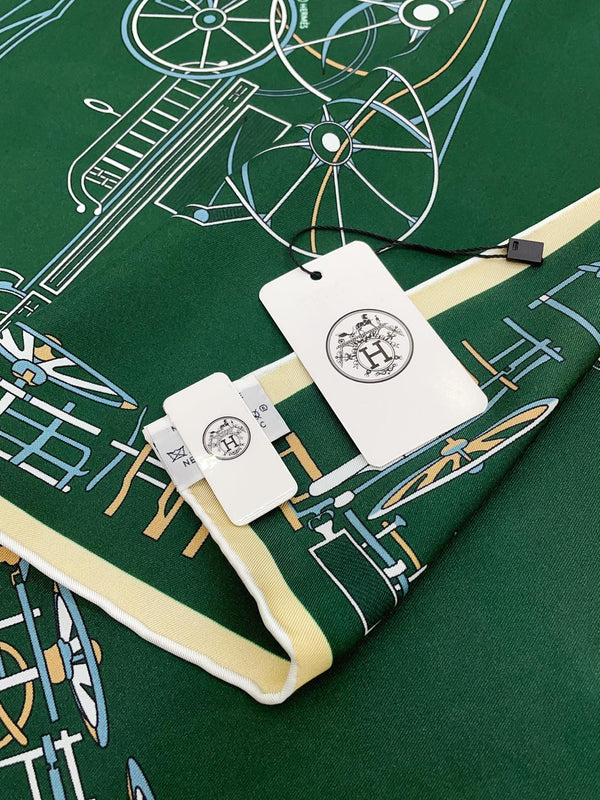 Complication Equestre Scarf 90 CM In Green Coloful Silk Twill  345899