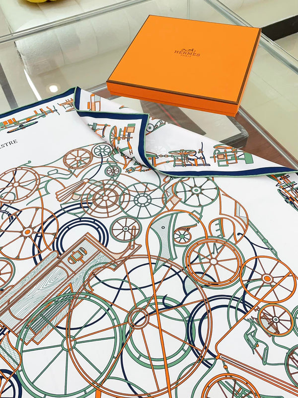 Complication Equestre Scarf 90 CM In White Red Coloful Silk Twill  345900