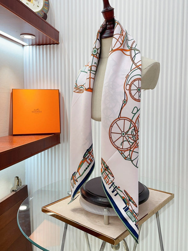 Complication Equestre Scarf 90 CM In White Red Coloful Silk Twill  345900