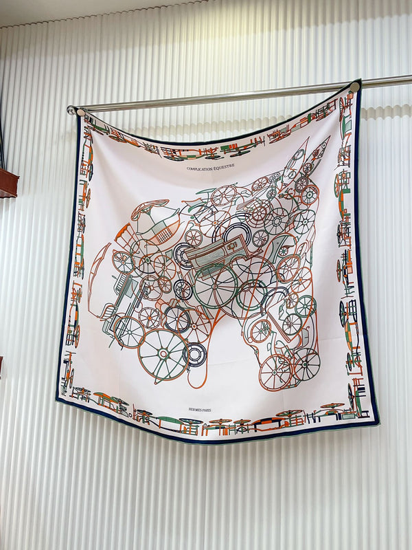 Complication Equestre Scarf 90 CM In White Red Coloful Silk Twill  345900