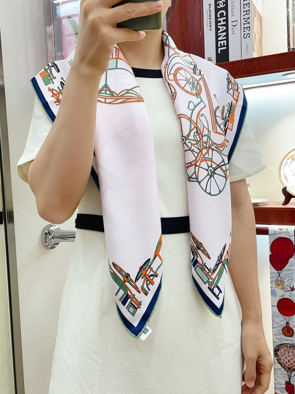 Complication Equestre Scarf 90 CM In White Red Coloful Silk Twill  345900