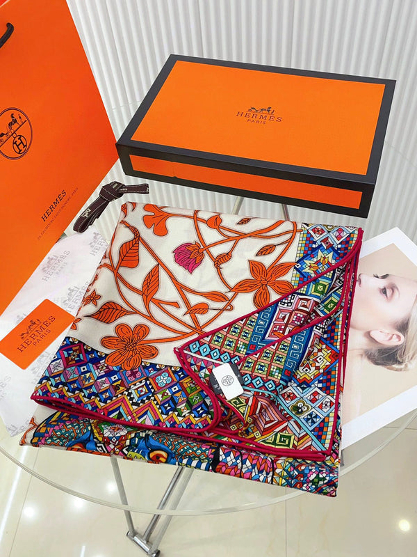 Le Jaguar Et Le Colibri Shawl 135 CM Red Colorful Cashmere And Silk  357904