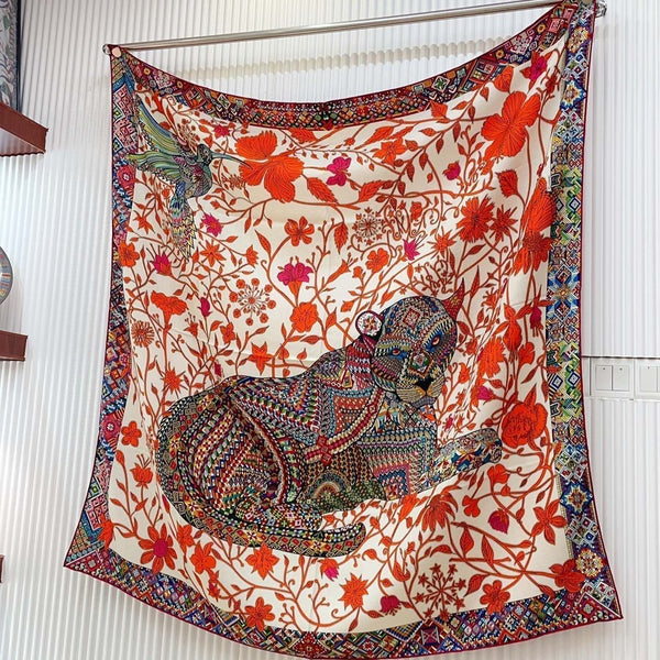 Le Jaguar Et Le Colibri Shawl 135 CM Red Colorful Cashmere And Silk 357904
