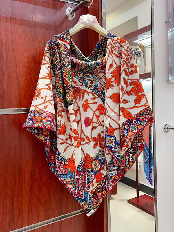 Le Jaguar Et Le Colibri Shawl 135 CM Red Colorful Cashmere And Silk  357904