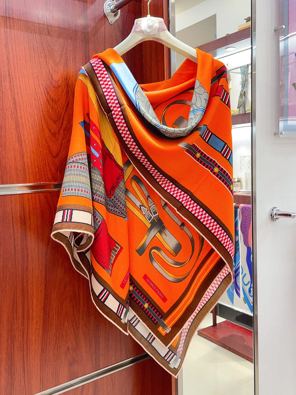 HM Lettres Equestre Scarf 140 CM In Orange Brown Colorful Cashmere And Silk 359400