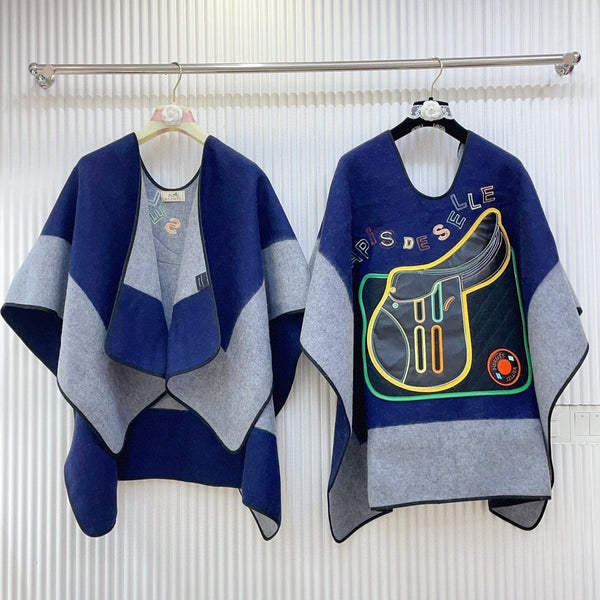 College Poncho 130 CM In Grey Blue Colorful Cashmere 371988