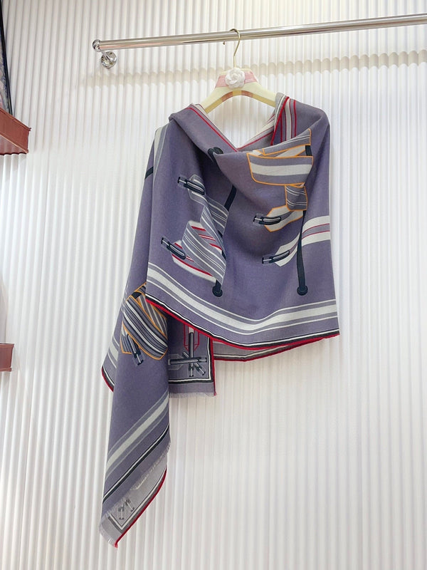Les Sangles En Finesse Rectangle Scarf 180 CM In Grey Purple Coloful Cashmere And Silk 373655