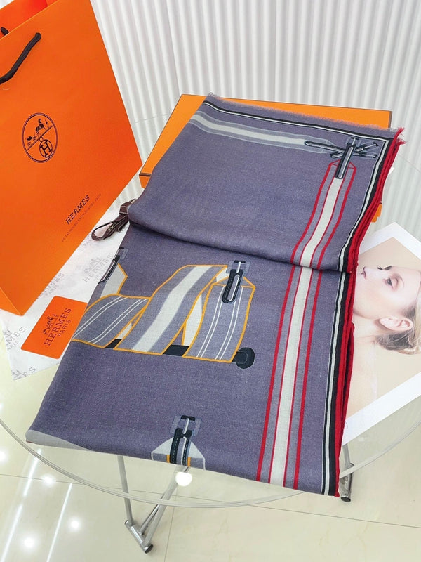 Les Sangles En Finesse Rectangle Scarf 180 CM In Grey Purple Coloful Cashmere And Silk 373655