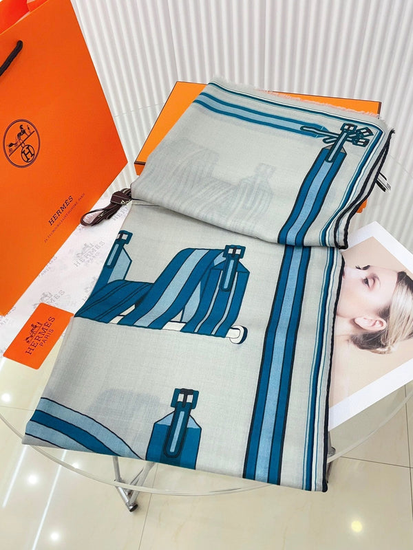 Les Sangles En Finesse Rectangle Scarf 180 CM In Light Blue Coloful Cashmere And Silk 373656