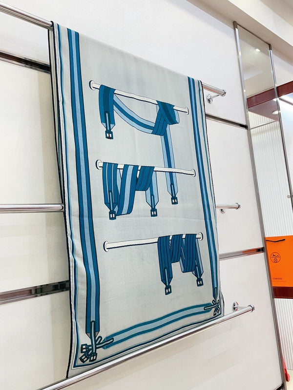 Les Sangles En Finesse Rectangle Scarf 180 CM In Light Blue Coloful Cashmere And Silk 373656