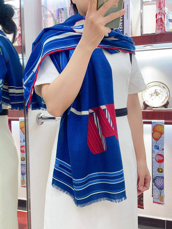 Les Sangles En Finesse Rectangle Scarf 180 CM In Dark Blue Colorful Cashmere And Silk  373657