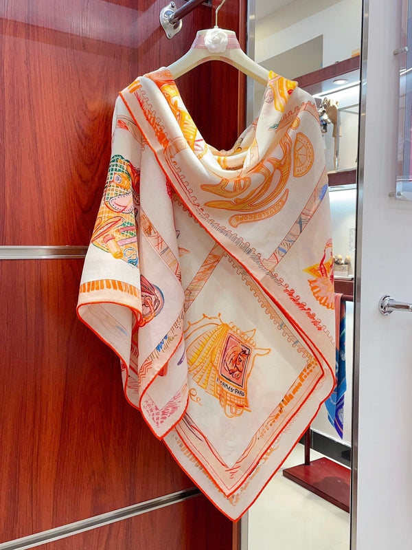 Sciarpa Chevaloscope 140 CM In Cashmere e Seta Colorati Giallo Arancione 373659