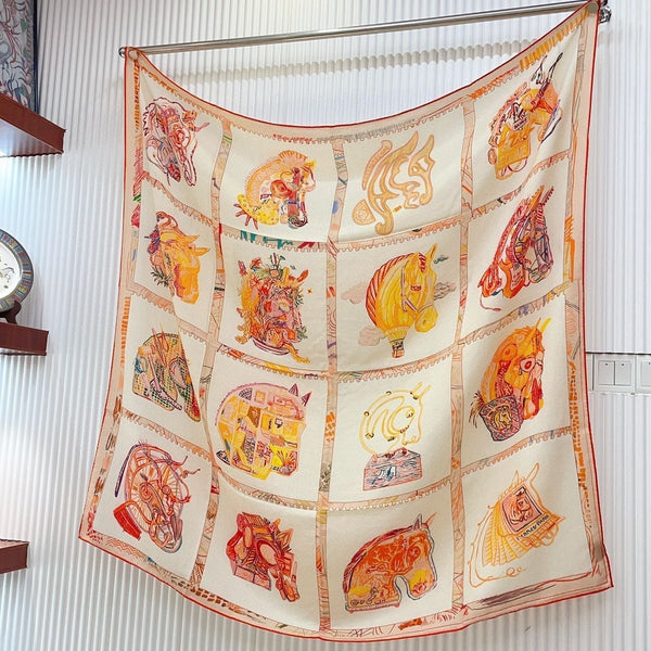 Chevaloscope Scarf 140 CM In Yellow Orange Colorful Cashmere And Silk 373659