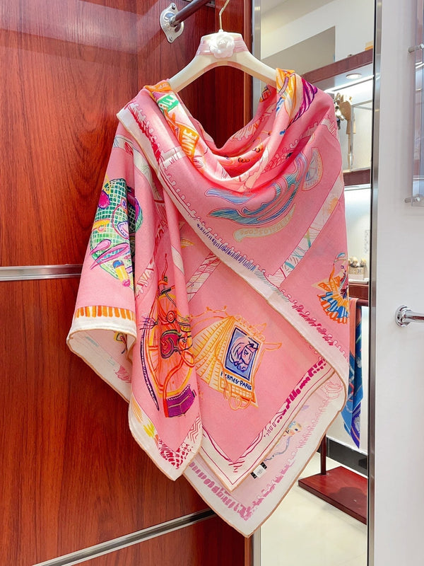 Chevaloscope Scarf 140 CM In Pink Colorful Cashmere And Silk 373660