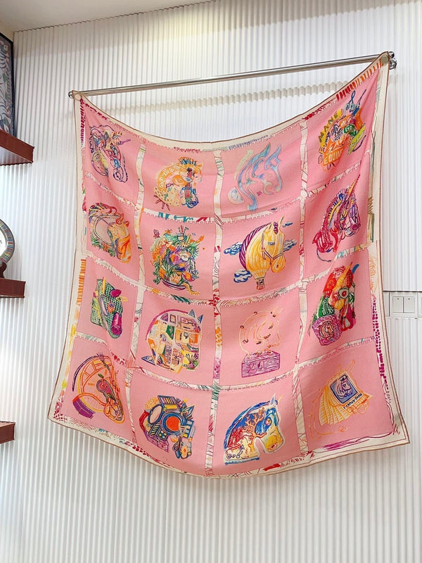 Chevaloscope Scarf 140 CM In Pink Colorful Cashmere And Silk 373660