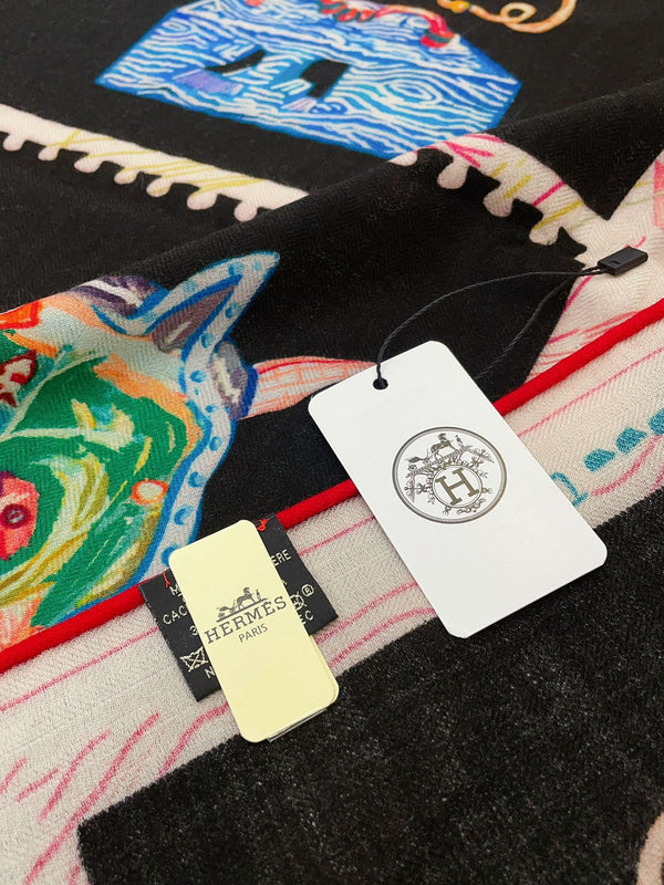 Chevaloscope Scarf 140 CM In Black Colorful Cashmere And Silk 373661