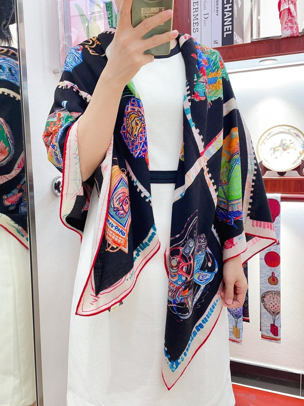 Chevaloscope Scarf 140 CM In Black Colorful Cashmere And Silk 373661